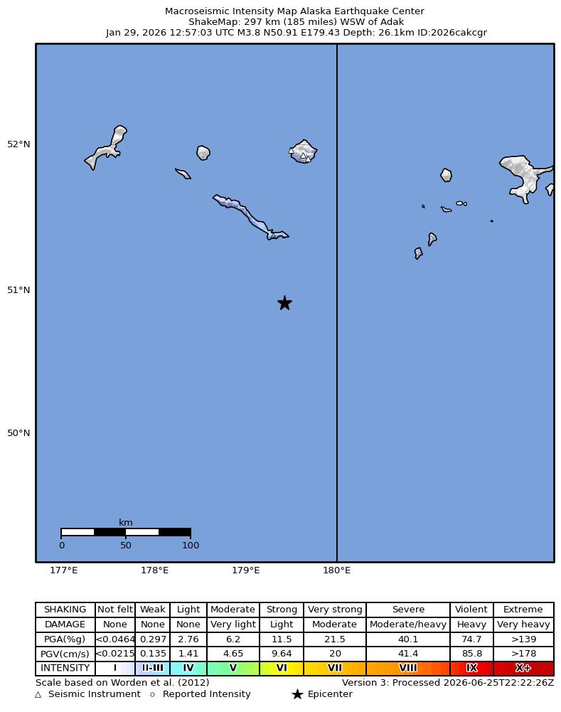 USGS ShakeMap: estimated shaking intensity around the epicenter