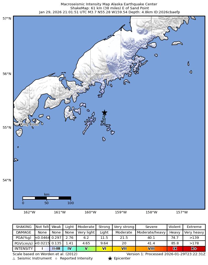 USGS ShakeMap intensity contours for the M3.5 earthquake near 66 km E of Sand Point, Alaska