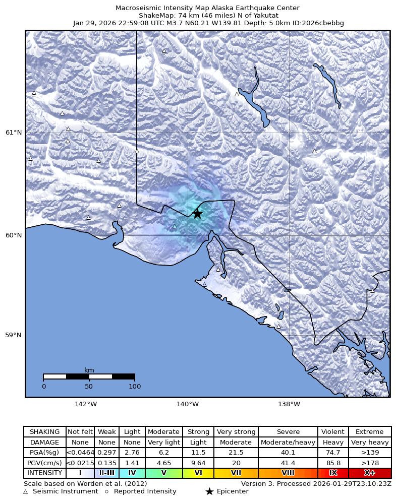 USGS ShakeMap intensity contours for the M3.7 earthquake near 74 km N of Yakutat, Alaska