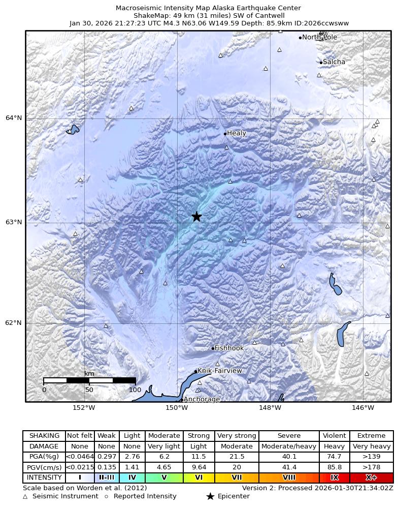 USGS ShakeMap intensity contours for the M4.3 earthquake near 48 km SW of Cantwell, Alaska