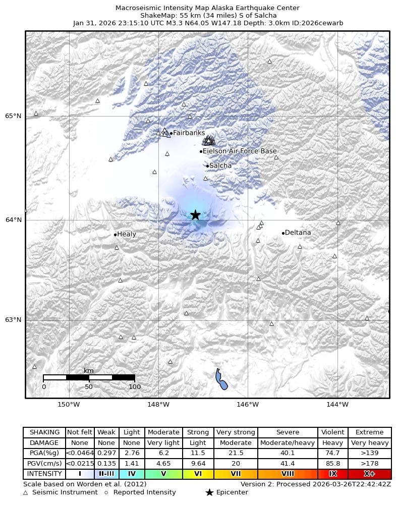 USGS ShakeMap intensity contours for the M3.3 earthquake near 45 km SW of Harding-Birch Lakes, Alaska