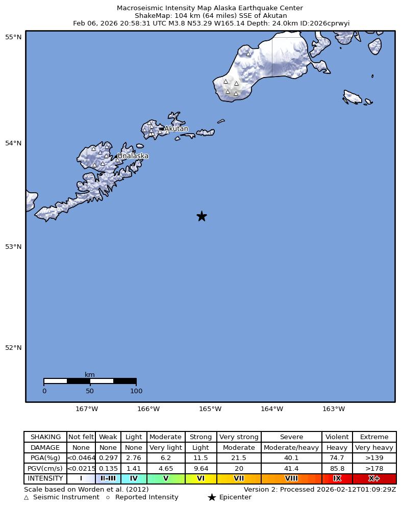 USGS ShakeMap intensity contours for the M3.7 earthquake near 100 km SSE of Akutan, Alaska
