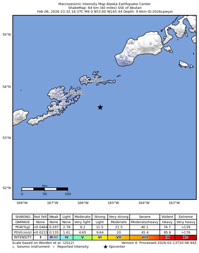 USGS ShakeMap intensity contours for the M4.2 earthquake near 70 km SSE of Akutan, Alaska