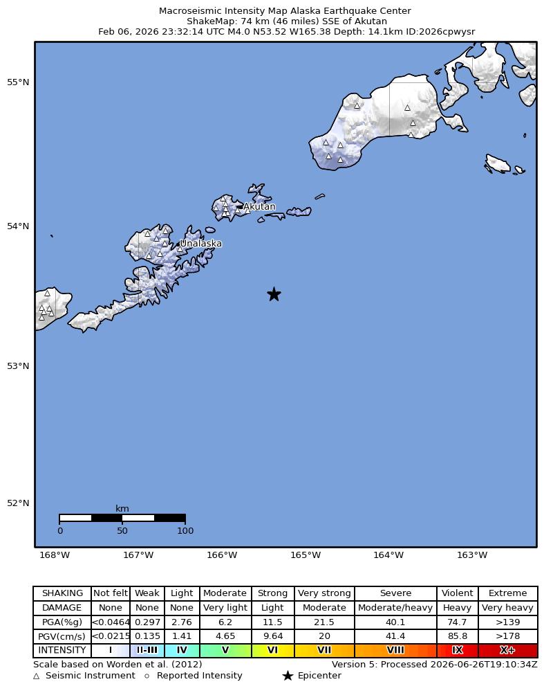 USGS ShakeMap intensity contours for the M4.2 earthquake near 70 km SSE of Akutan, Alaska