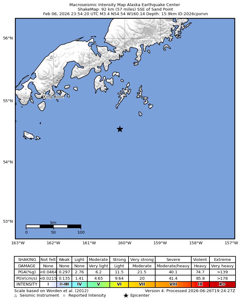 USGS ShakeMap intensity contours for the M3.4 earthquake near 91 km SSE of Sand Point, Alaska
