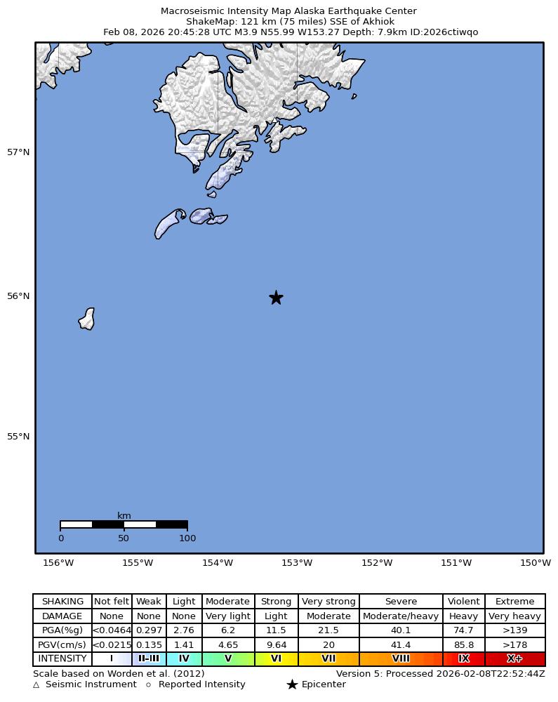 USGS ShakeMap intensity contours for the M3.9 earthquake near 120 km SSE of Akhiok, Alaska
