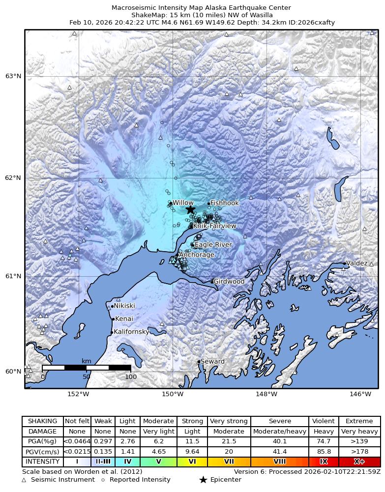 USGS ShakeMap intensity contours for the M4.6 earthquake near 8 km NNW of Meadow Lakes, Alaska