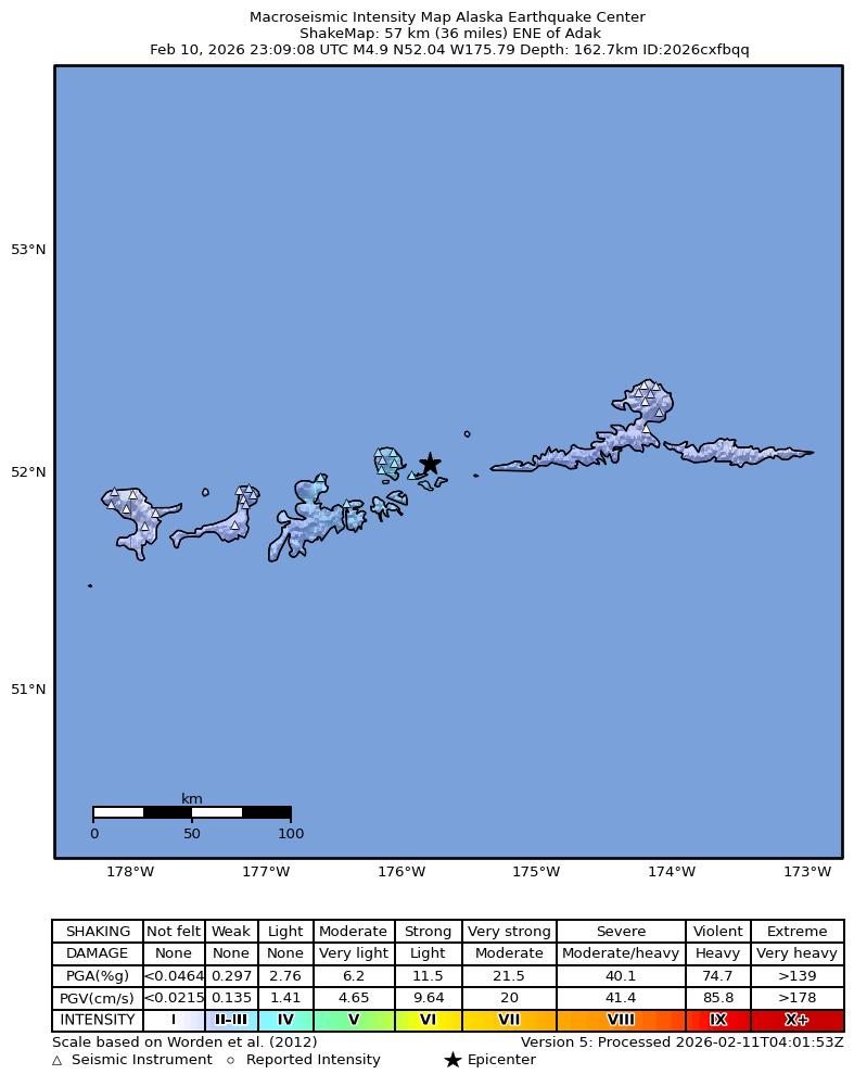 USGS ShakeMap intensity contours for the M5.0 earthquake near 74 km NE of Adak, Alaska
