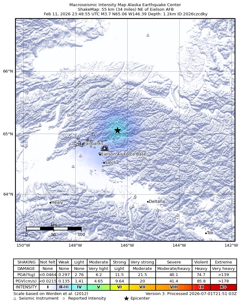 USGS ShakeMap intensity contours for the M3.7 earthquake near 30 km NE of Pleasant Valley, Alaska