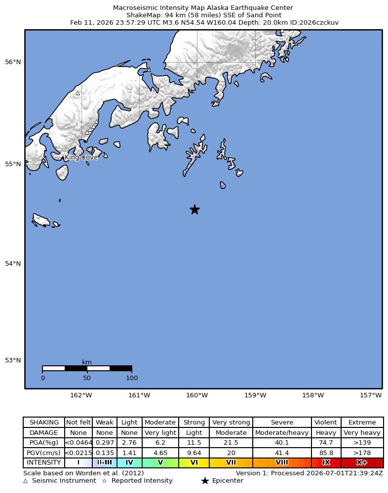 USGS ShakeMap intensity contours for the M3.2 earthquake near 90 km SSE of Sand Point, Alaska