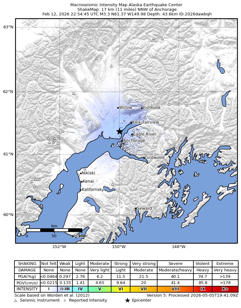 USGS ShakeMap intensity contours for the M3.3 earthquake near 1 km NNW of Point MacKenzie, Alaska