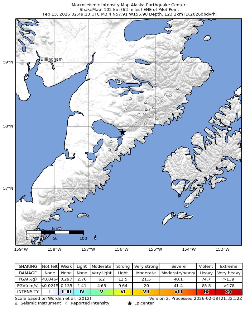 USGS ShakeMap: estimated shaking intensity around the epicenter