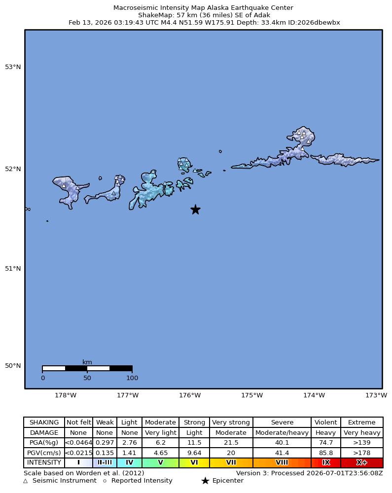 USGS ShakeMap: estimated shaking intensity around the epicenter