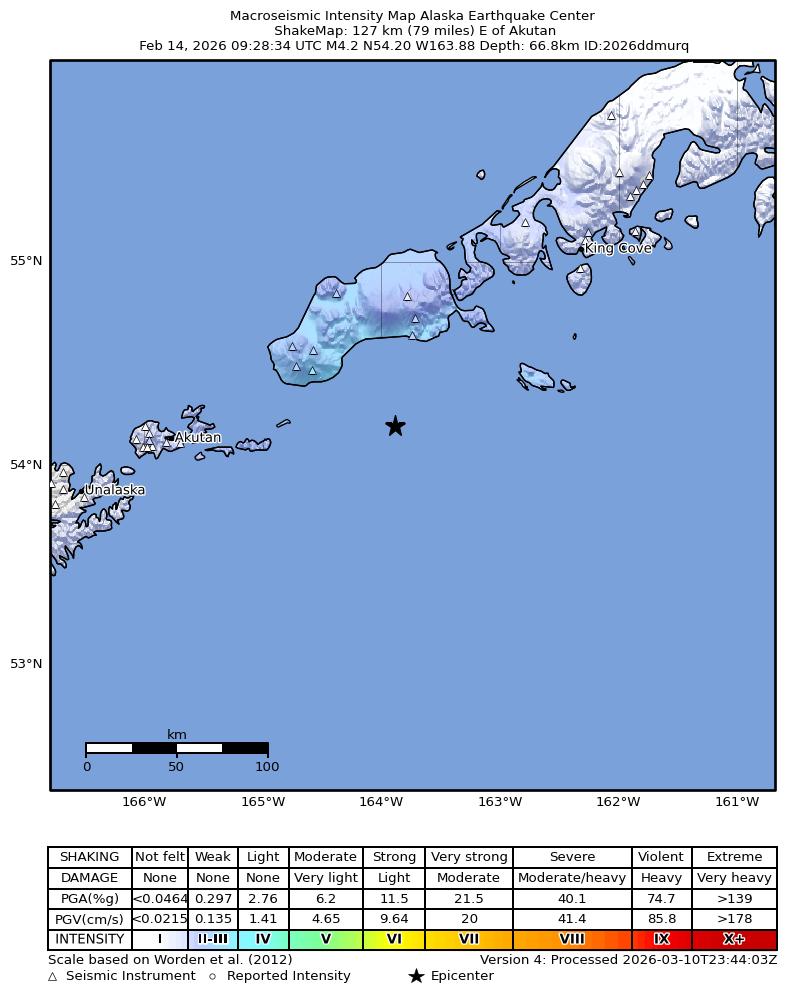 USGS ShakeMap: estimated shaking intensity around the epicenter