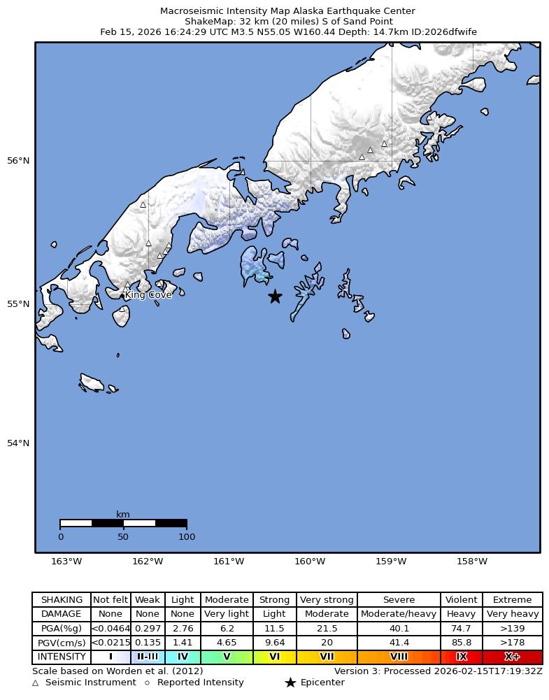 USGS ShakeMap intensity contours for the M3.3 earthquake near 23 km S of Sand Point, Alaska