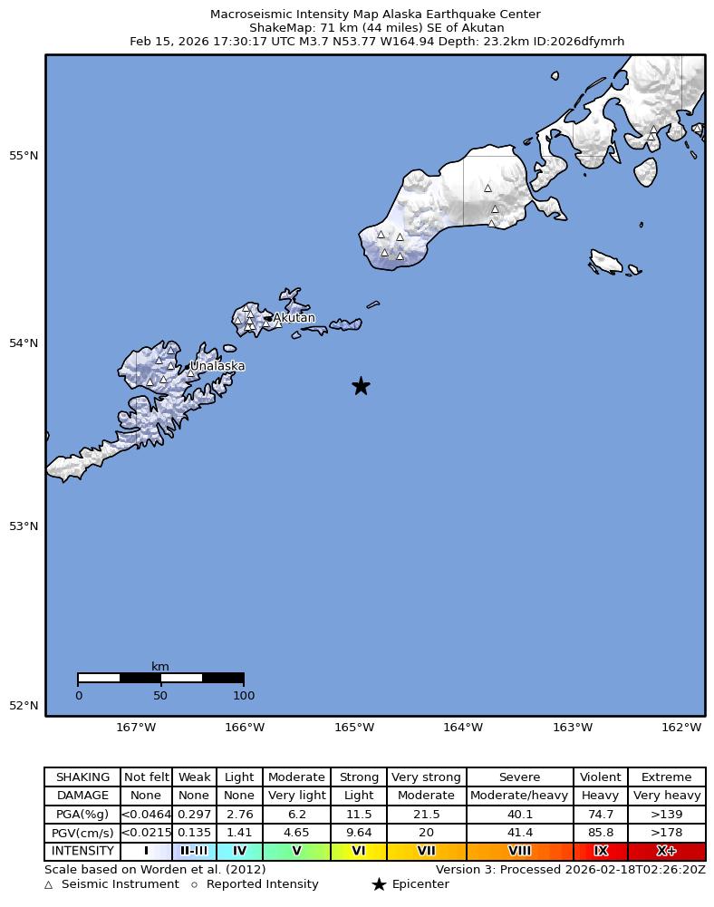 USGS ShakeMap intensity contours for the M3.6 earthquake near 45 km ESE of Akutan, Alaska