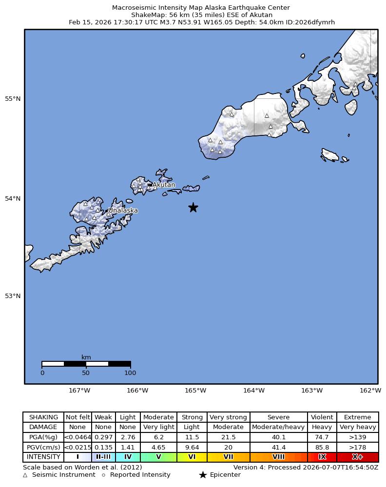USGS ShakeMap intensity contours for the M3.6 earthquake near 45 km ESE of Akutan, Alaska