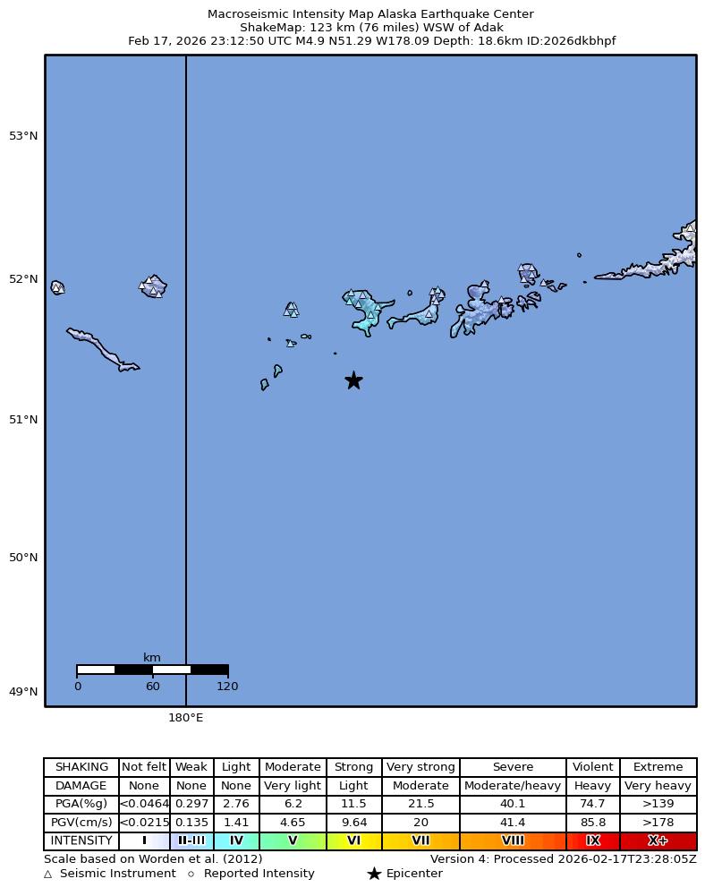 USGS ShakeMap intensity contours for the M4.6 earthquake near 137 km SW of Adak, Alaska