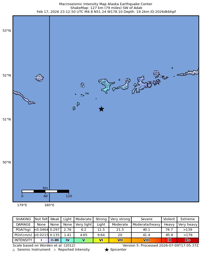 USGS ShakeMap intensity contours for the M4.6 earthquake near 137 km SW of Adak, Alaska