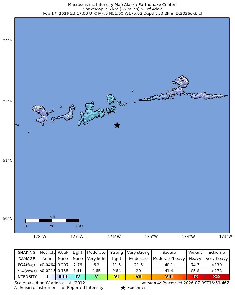 USGS ShakeMap intensity contours for the M4.0 earthquake near 47 km ESE of Adak, Alaska