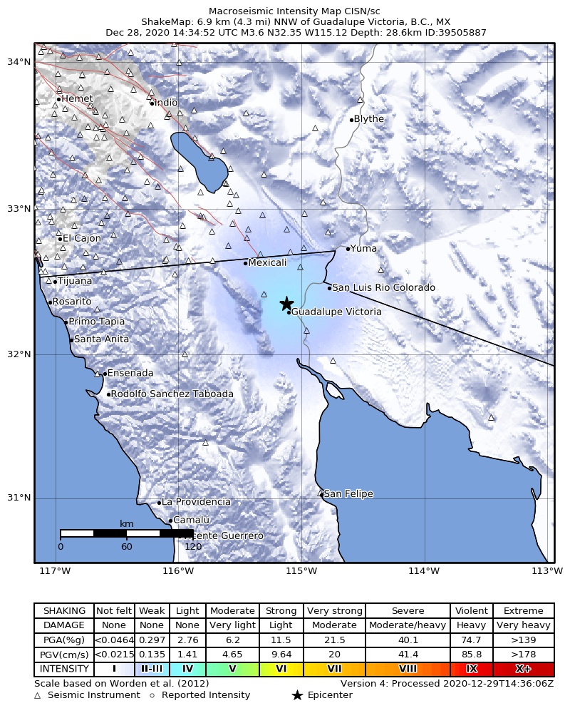 USGS ShakeMap: estimated shaking intensity around the epicenter