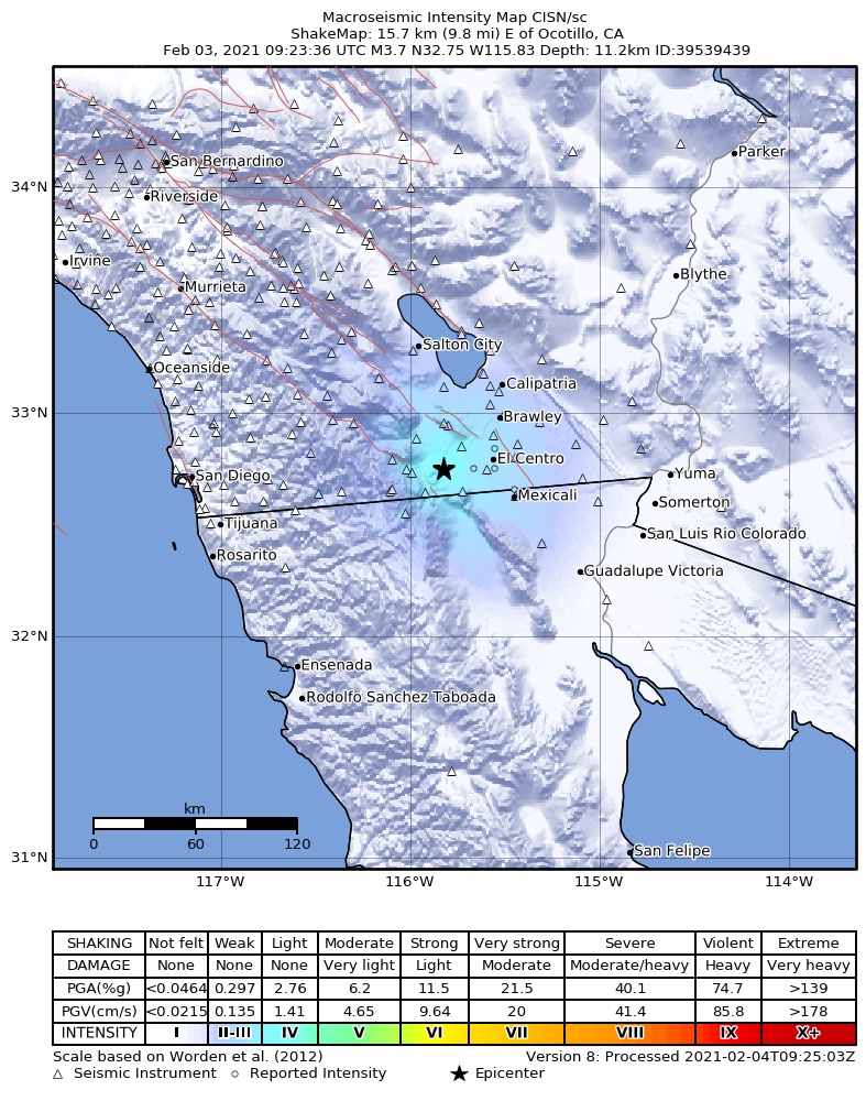 USGS ShakeMap: estimated shaking intensity around the epicenter