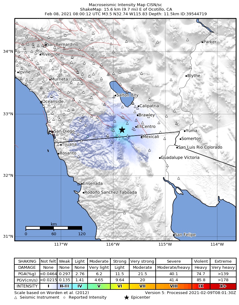 USGS ShakeMap: estimated shaking intensity around the epicenter