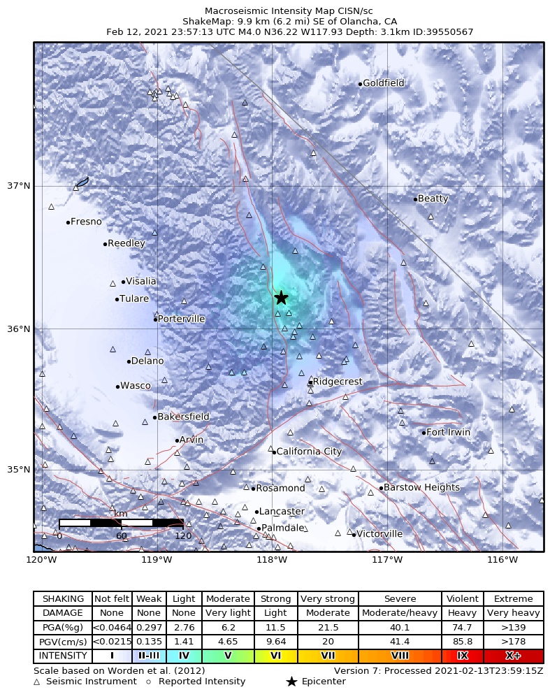 USGS ShakeMap intensity contours for the M4.0 earthquake near 10km SE of Olancha, CA