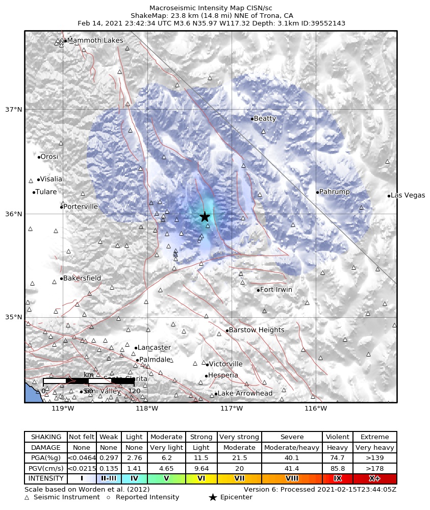 USGS ShakeMap intensity contours for the M3.6 earthquake near 24km NNE of Trona, CA