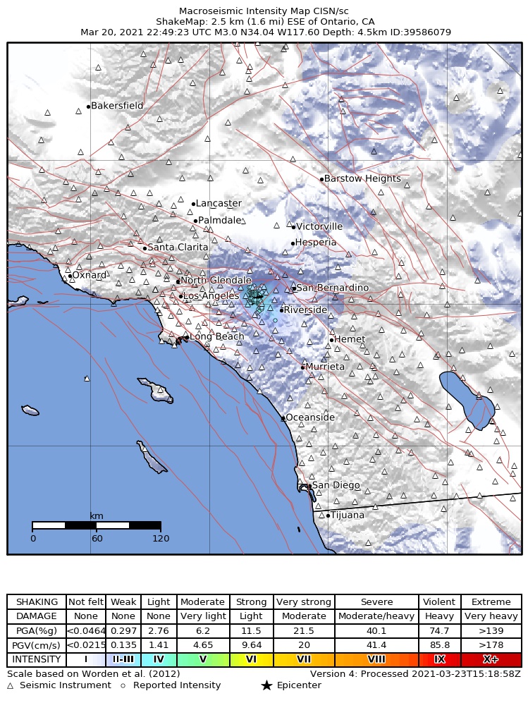 USGS ShakeMap intensity contours for the M3.0 earthquake near 2km ESE of Ontario, CA