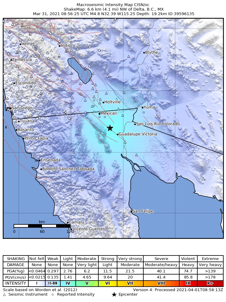 USGS ShakeMap: estimated shaking intensity around the epicenter