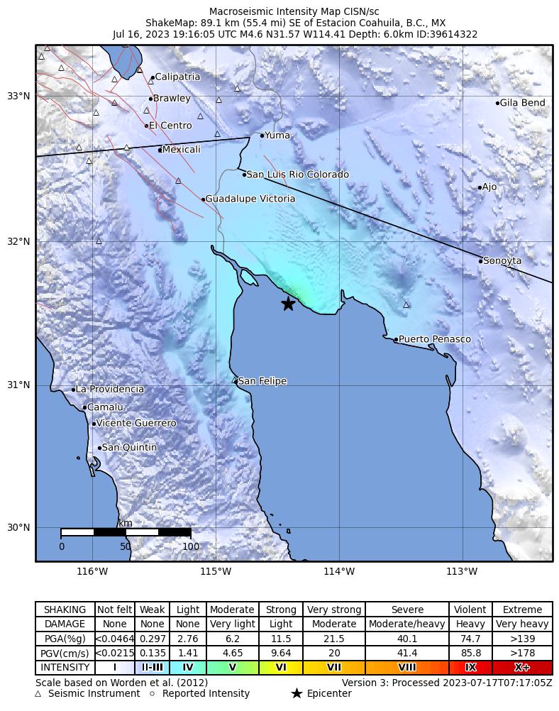 USGS ShakeMap intensity contours for the M4.6 earthquake near 89km SE of Estacion Coahuila, B.C., MX