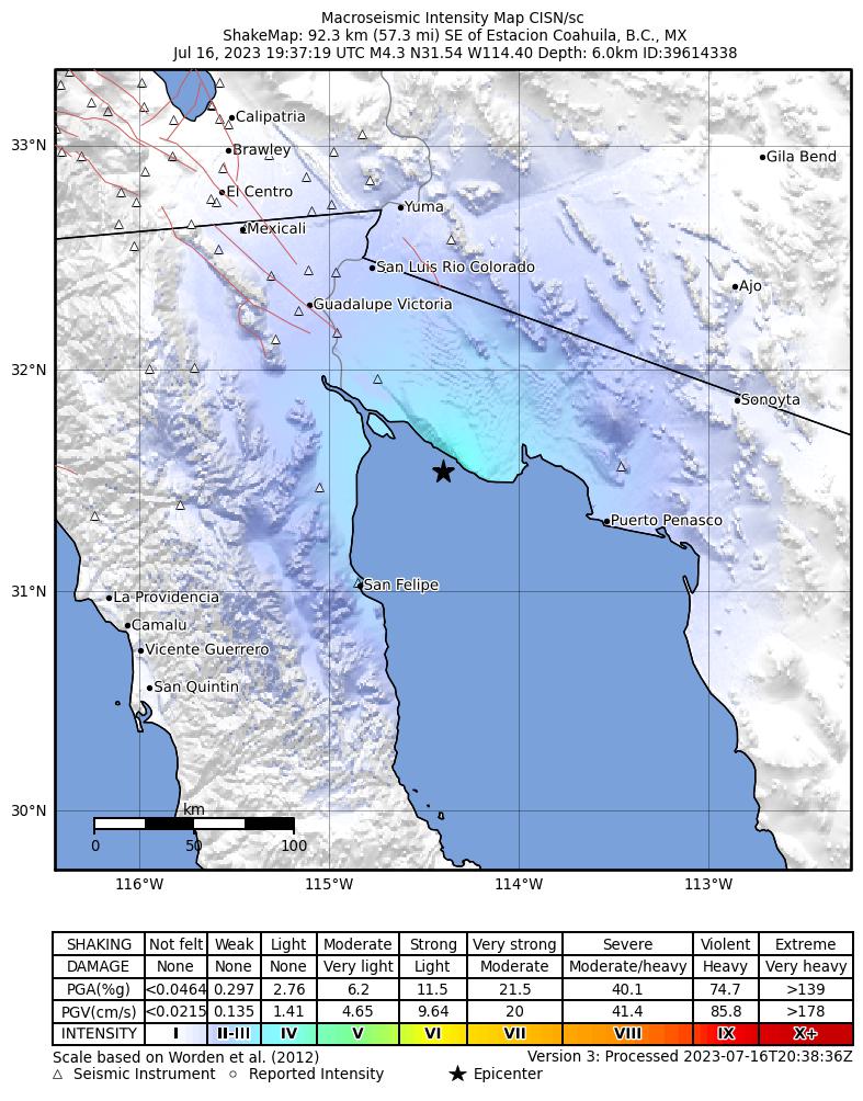 USGS ShakeMap intensity contours for the M4.3 earthquake near 92km SE of Estacion Coahuila, B.C., MX