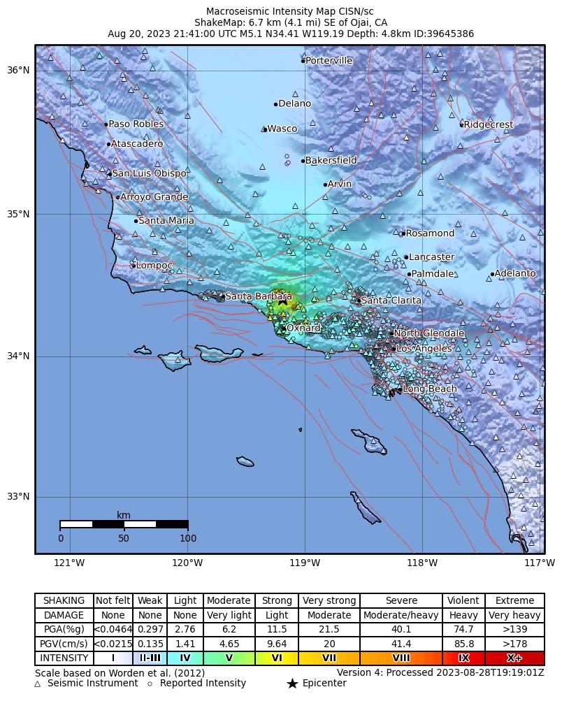 USGS ShakeMap intensity contours for the M5.1 earthquake near 7 km SE of Ojai, CA