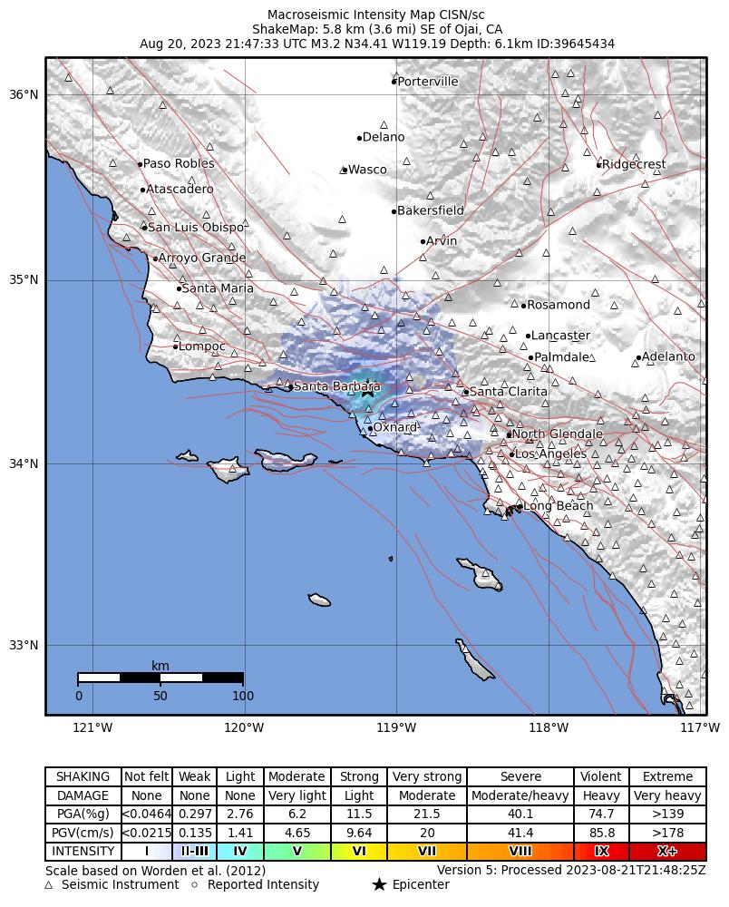 USGS ShakeMap intensity contours for the M3.2 earthquake near 6 km SE of Ojai, CA
