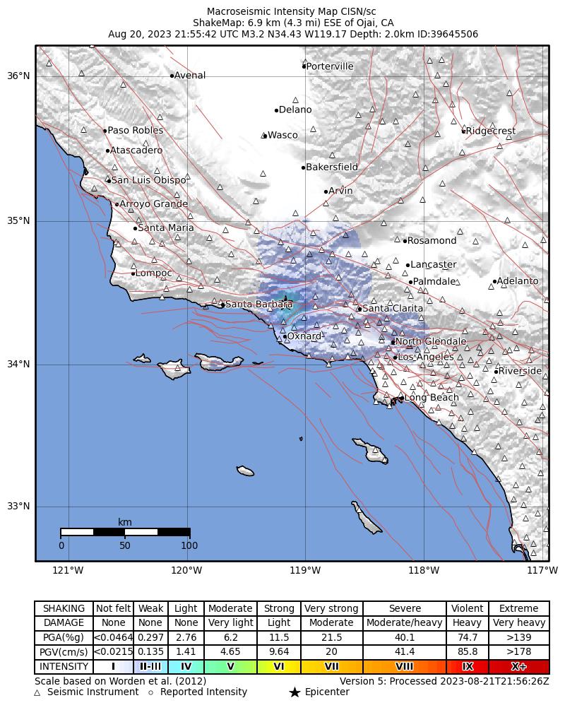 USGS ShakeMap intensity contours for the M3.3 earthquake near 7 km ESE of Ojai, CA