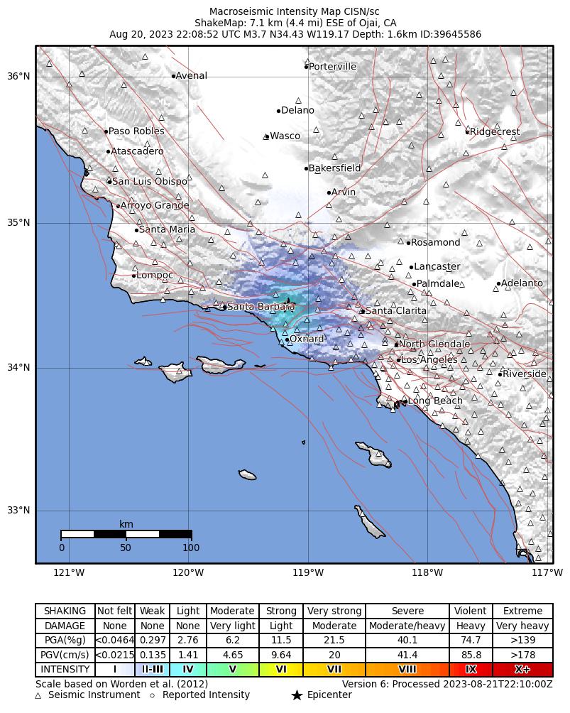 USGS ShakeMap intensity contours for the M3.7 earthquake near 7 km ESE of Ojai, CA
