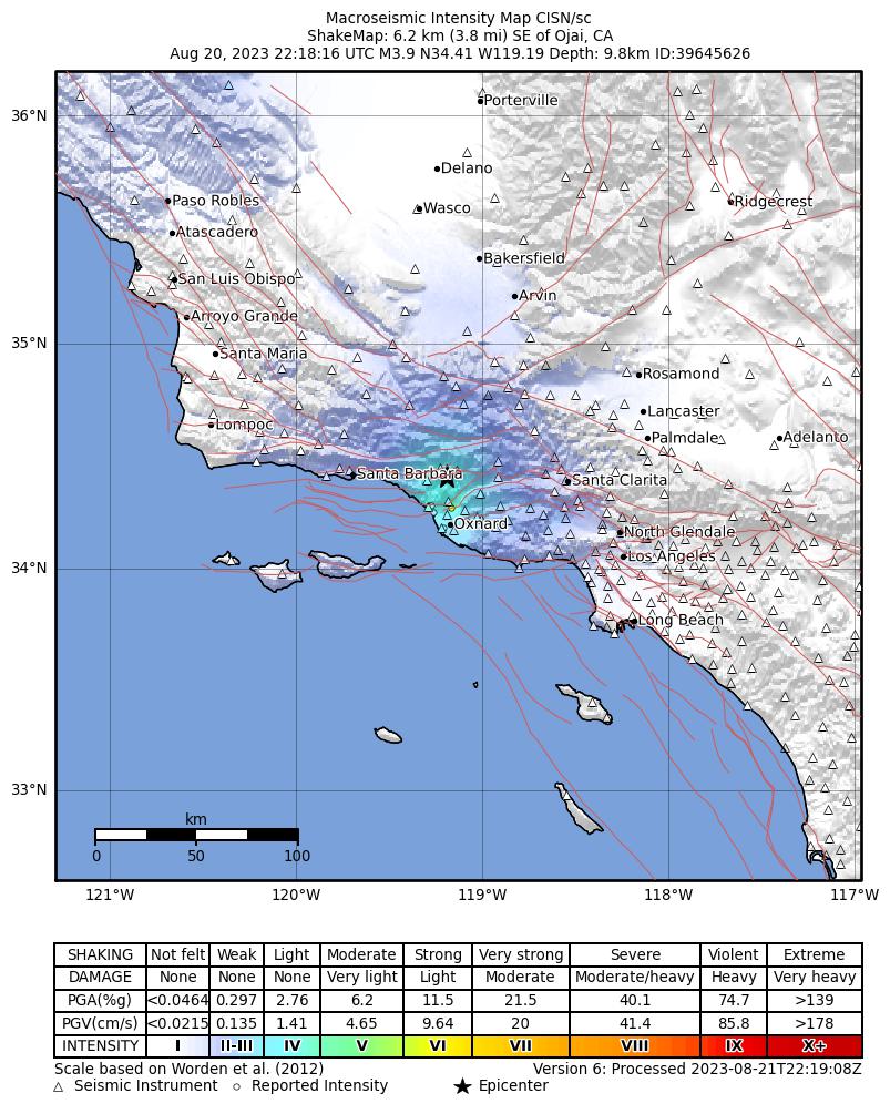 USGS ShakeMap intensity contours for the M3.9 earthquake near 6 km SE of Ojai, CA