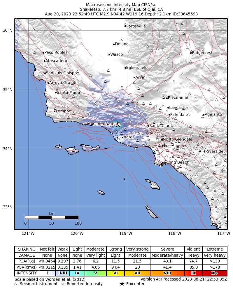 USGS ShakeMap intensity contours for the M2.9 earthquake near 8 km ESE of Ojai, CA