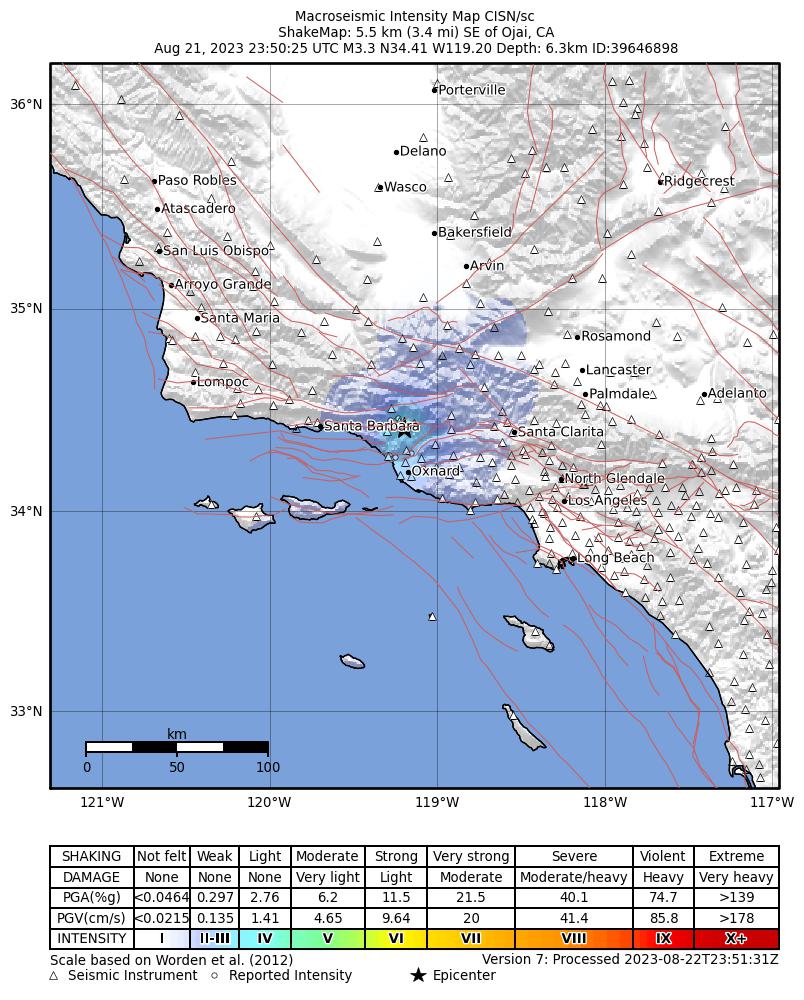 USGS ShakeMap intensity contours for the M3.3 earthquake near 6 km SE of Ojai, CA