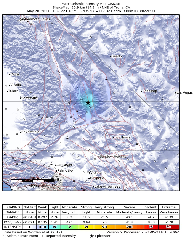 USGS ShakeMap: estimated shaking intensity around the epicenter