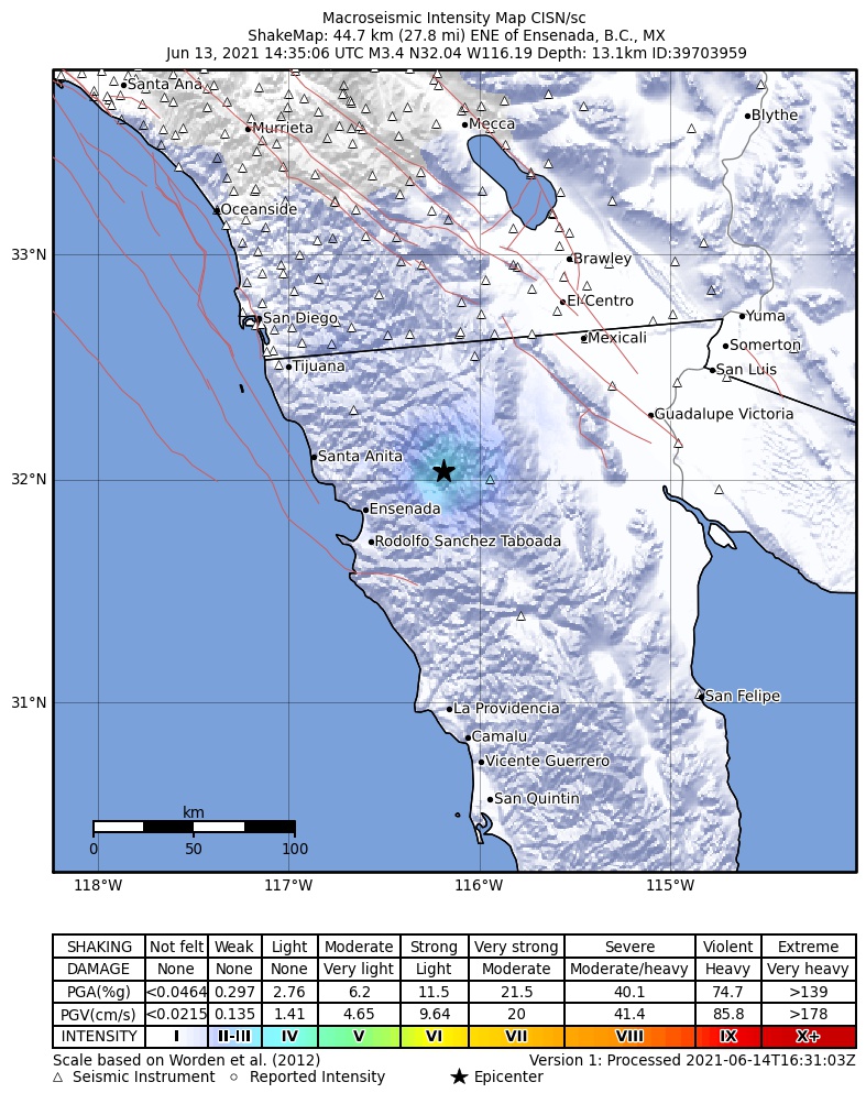 USGS ShakeMap: estimated shaking intensity around the epicenter
