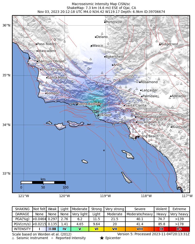 USGS ShakeMap intensity contours for the M4.0 earthquake near 7 km ESE of Ojai, CA