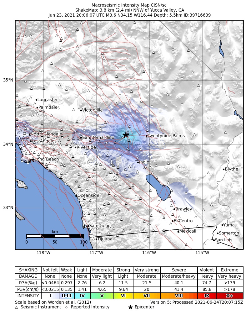 USGS ShakeMap intensity contours for the M3.6 earthquake near 4km NNW of Yucca Valley, CA