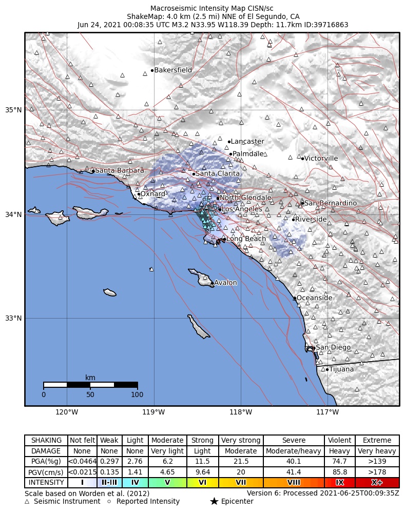 USGS ShakeMap: estimated shaking intensity around the epicenter