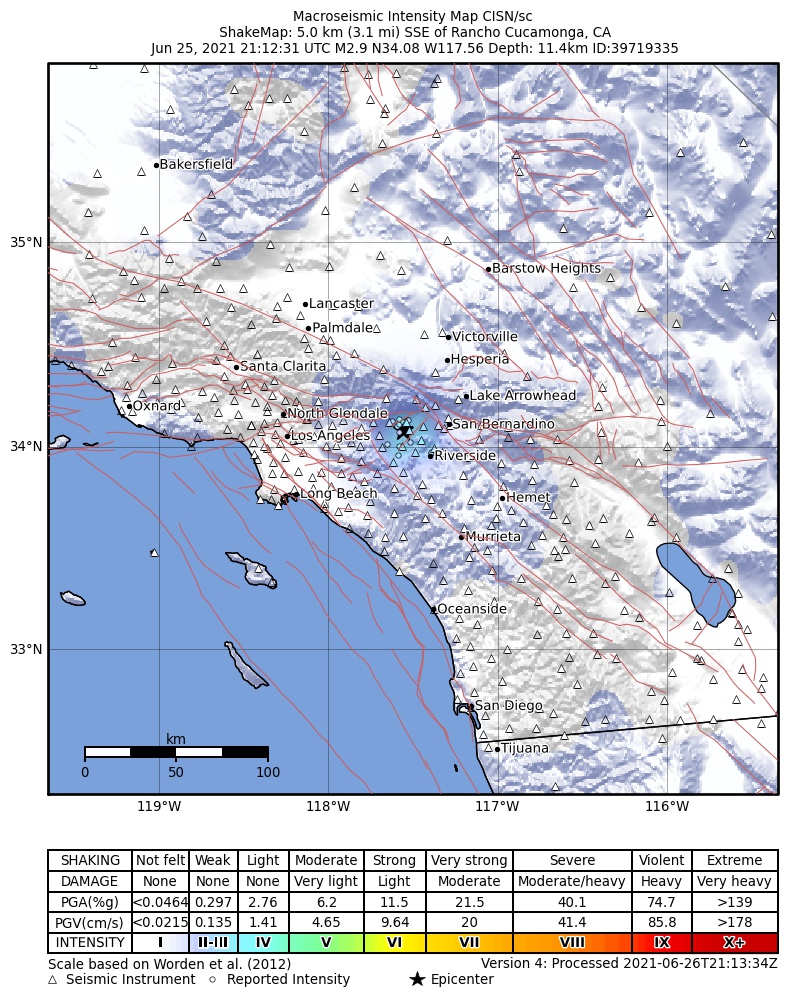 USGS ShakeMap intensity contours for the M2.9 earthquake near 5km SSE of Rancho Cucamonga, CA