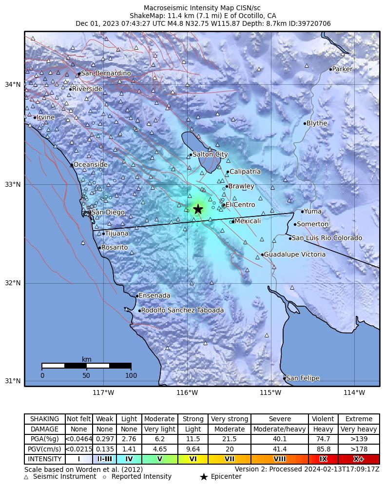 USGS ShakeMap intensity contours for the M4.8 earthquake near 11 km E of Ocotillo, CA