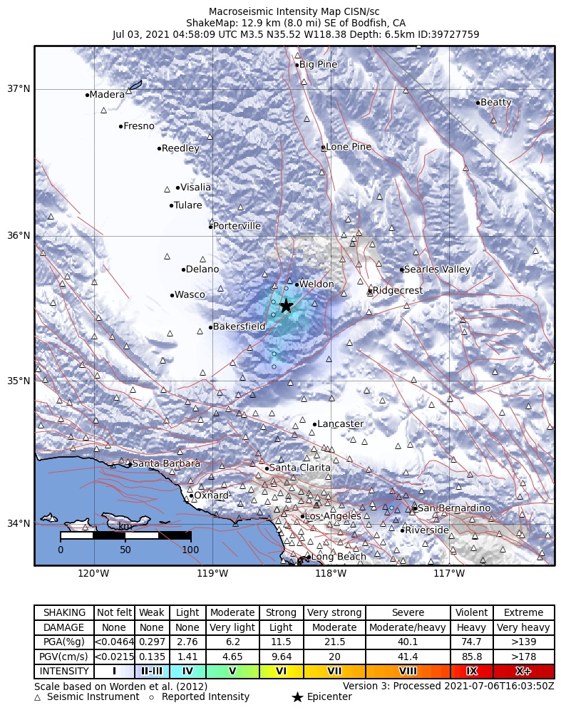USGS ShakeMap: estimated shaking intensity around the epicenter