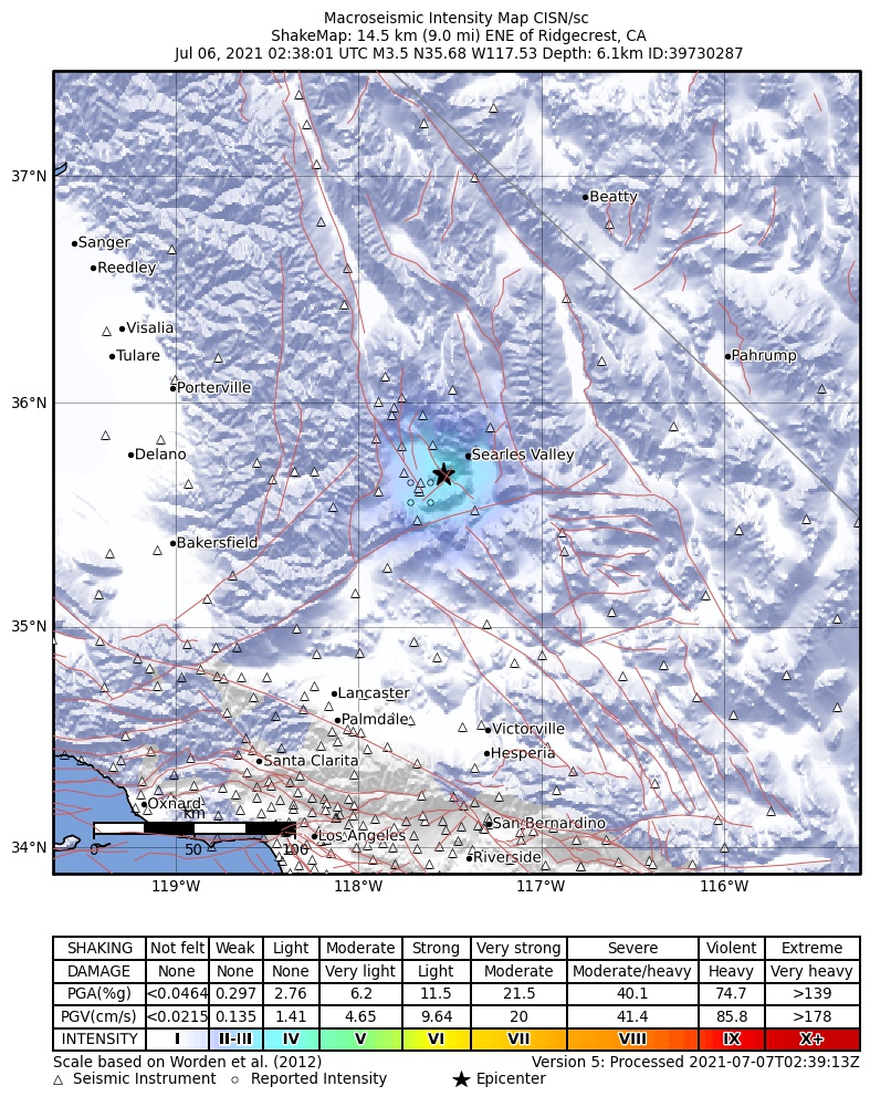 USGS ShakeMap: estimated shaking intensity around the epicenter