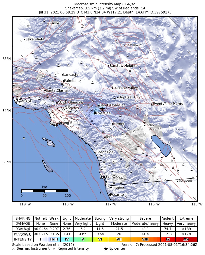 USGS ShakeMap: estimated shaking intensity around the epicenter